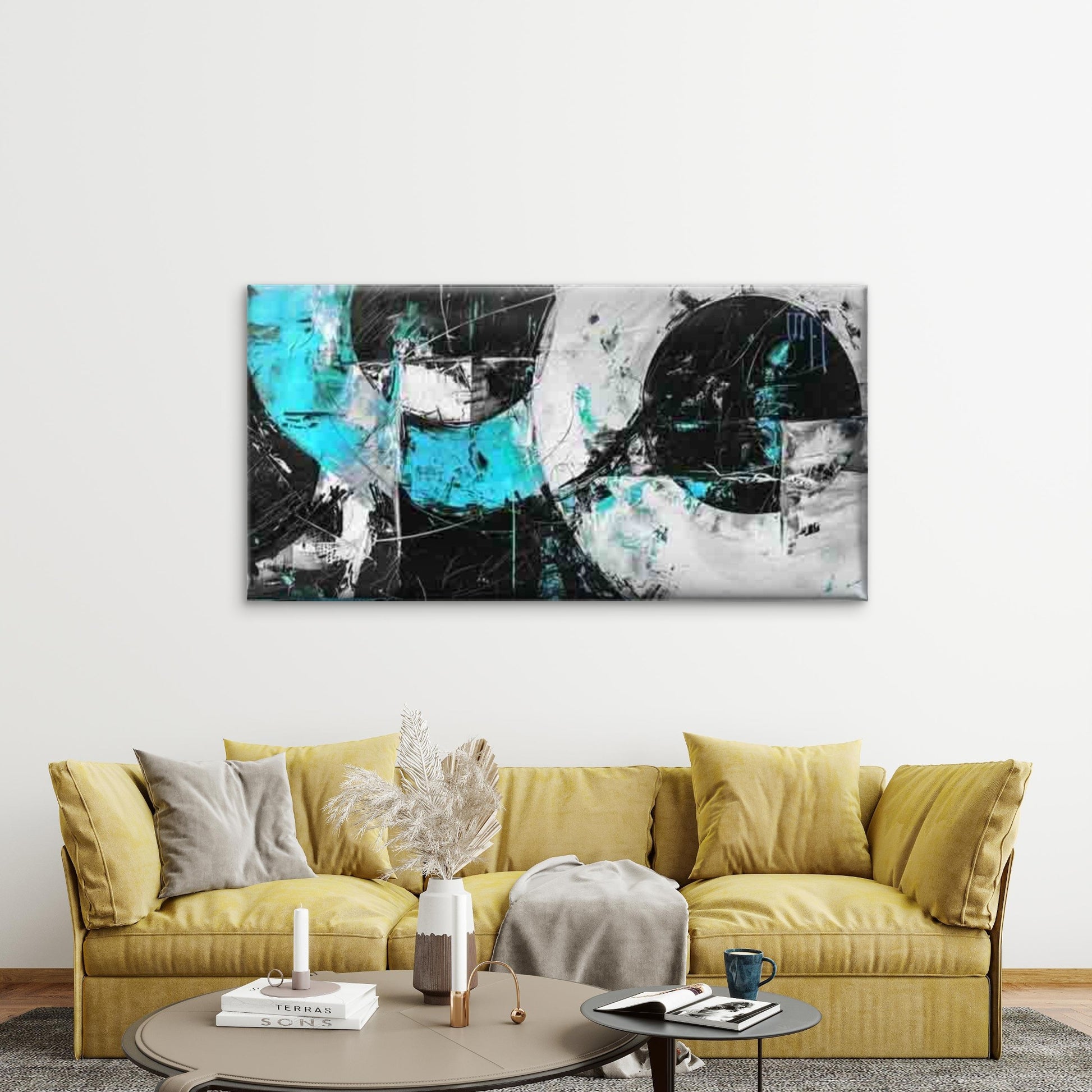 Abstract Blue And Black Circles Wall Art Canvas Office Home Room Framed 120x60cm - Bella Home Decor