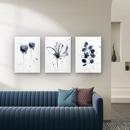 3pcs Navy Blue Watercolor Floral Eucalyptus Wall Art Set Canvas Framed 60x90cm - High Quality Print 100% Australian Made Wall Canvas Ready to Hang - Bella Home Decor