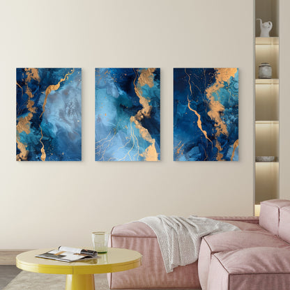 3pcs Navy Blue Teal Abstract Gold Marble   Wall Art Set Canvas Framed 40x60cm - High Quality Print 100% Australian Made Wall Canvas Ready to Hang