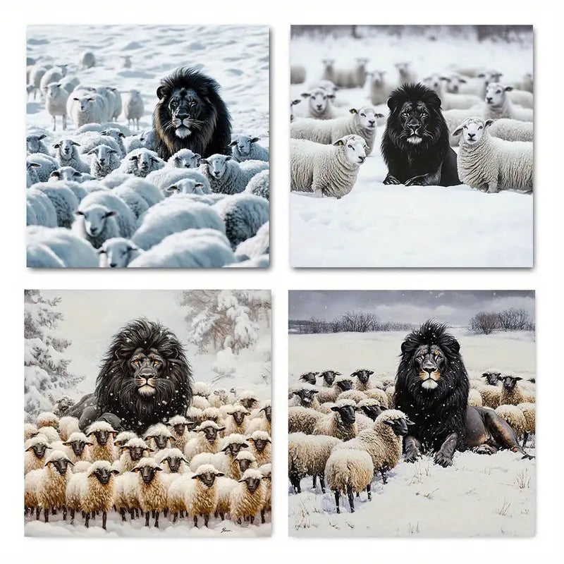 4pcs Winter Scenes With Lion & Sheep Contrast Wall Art Canvas Framed - Bella Home Decor