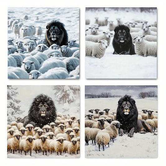 4pcs Winter Scenes With Lion & Sheep Contrast Wall Art Canvas Framed - Bella Home Decor
