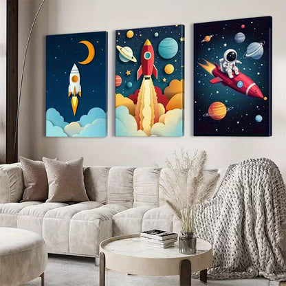 3pcs Vibrant Cartoon Rockets & Astronauts Wall Art Set Canvas Framed 40x60cm - High Quality Print 100% Australian Made Wall Canvas Ready to Hang - Bella Home Decor