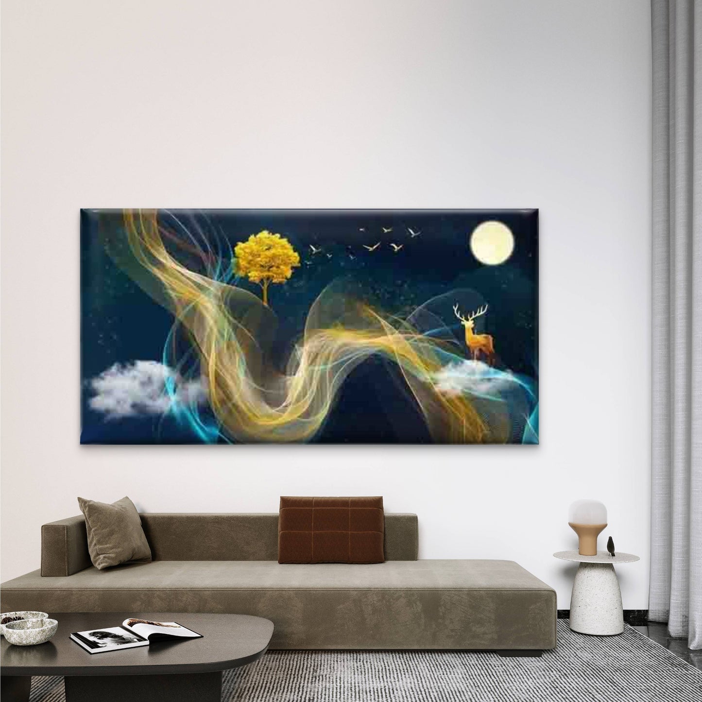 Night Sky Deer Tree Wall Art Canvas Office Home Room Framed 120x60cm