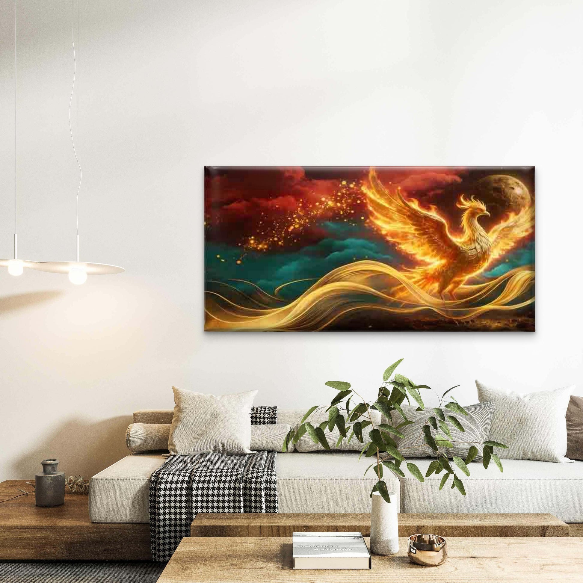 Fiery Phoenix Rising from Flame Wall Art Canvas Office Home Room Framed 120x60cm - Bella Home Decor