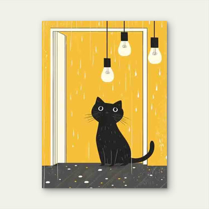 Black Cat Under Light Bulbs Metal Print Ready to Hang