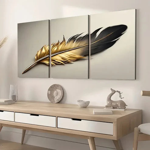 3pcs Modern Fashion Golden Feather Light Luxury Art Wall Art Set Canvas Unframed - High Quality Print 100% Australian Made Wall Canvas