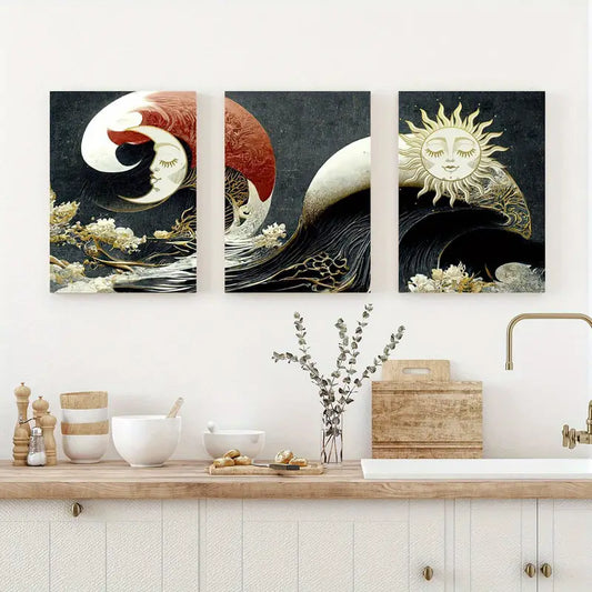 3pcs Sun And Moon Japanese Ocean Landscape Metal Print Ready to Hang Art