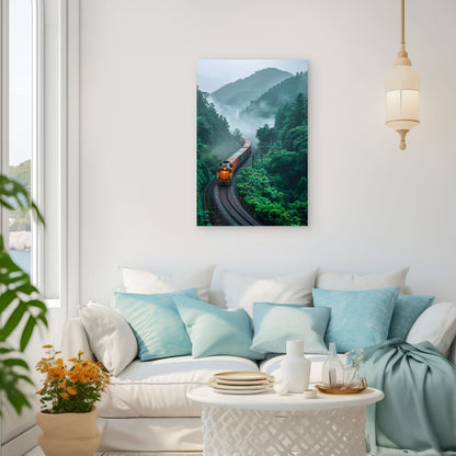 Cargo Train Passing Through Lush Mountains 40x60cm Metal Print Ready to Hang