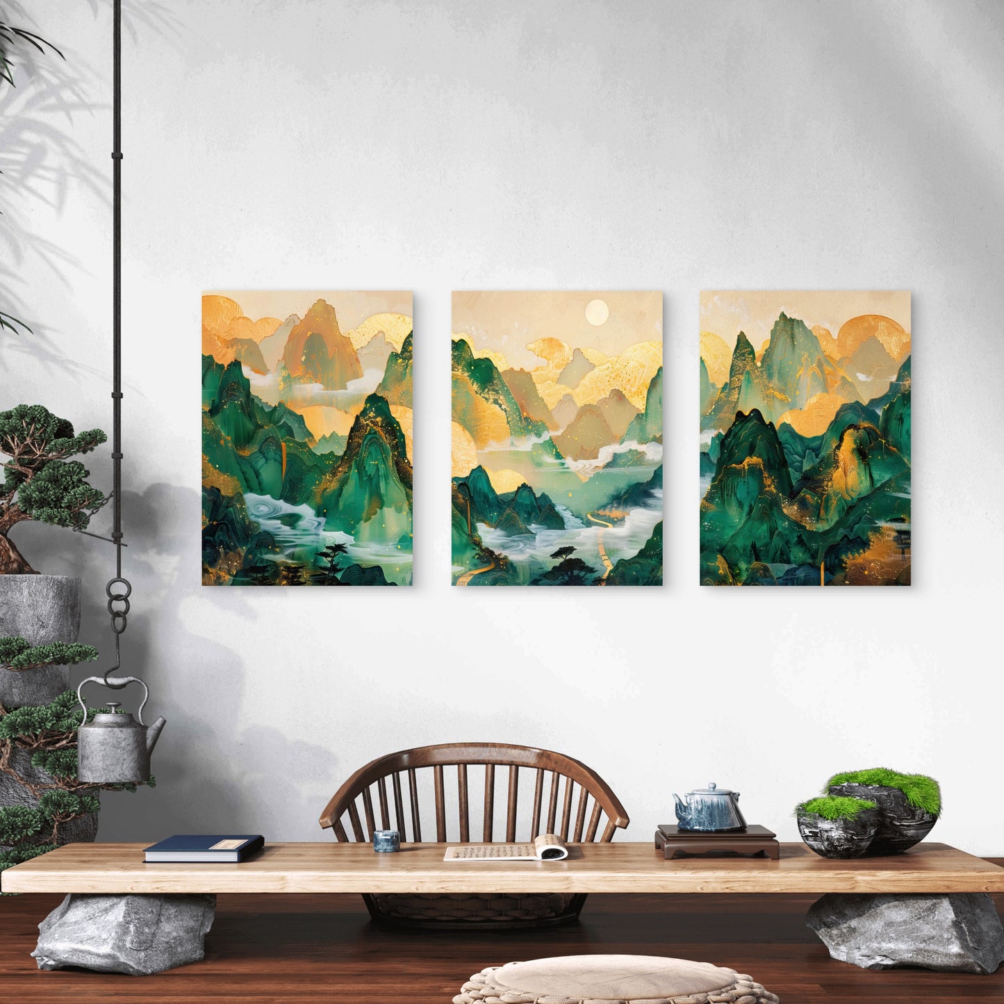 3pcs Emerald and Gold Mountain Peaks  Wall Art Set Canvas Framed 40x60cm - High Quality Print 100% Australian Made Wall Canvas Ready to Hang