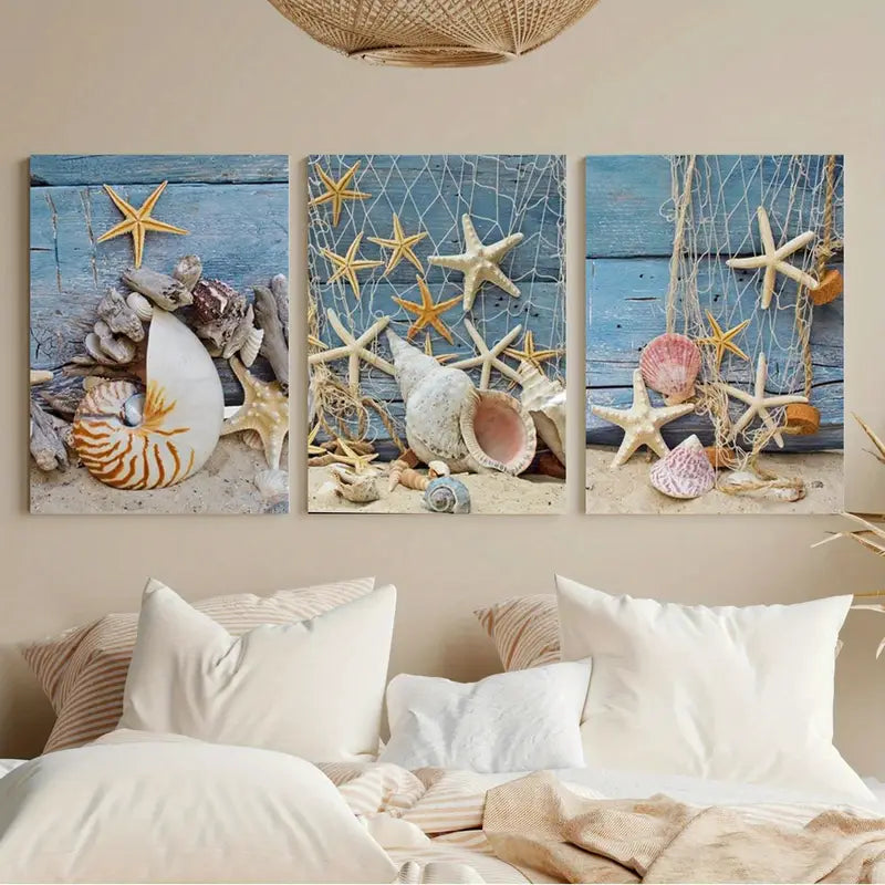 3pcs Coastal Beach,Starfish & Seashells Metal Print Ready to Hang Art - Bella Home Decor