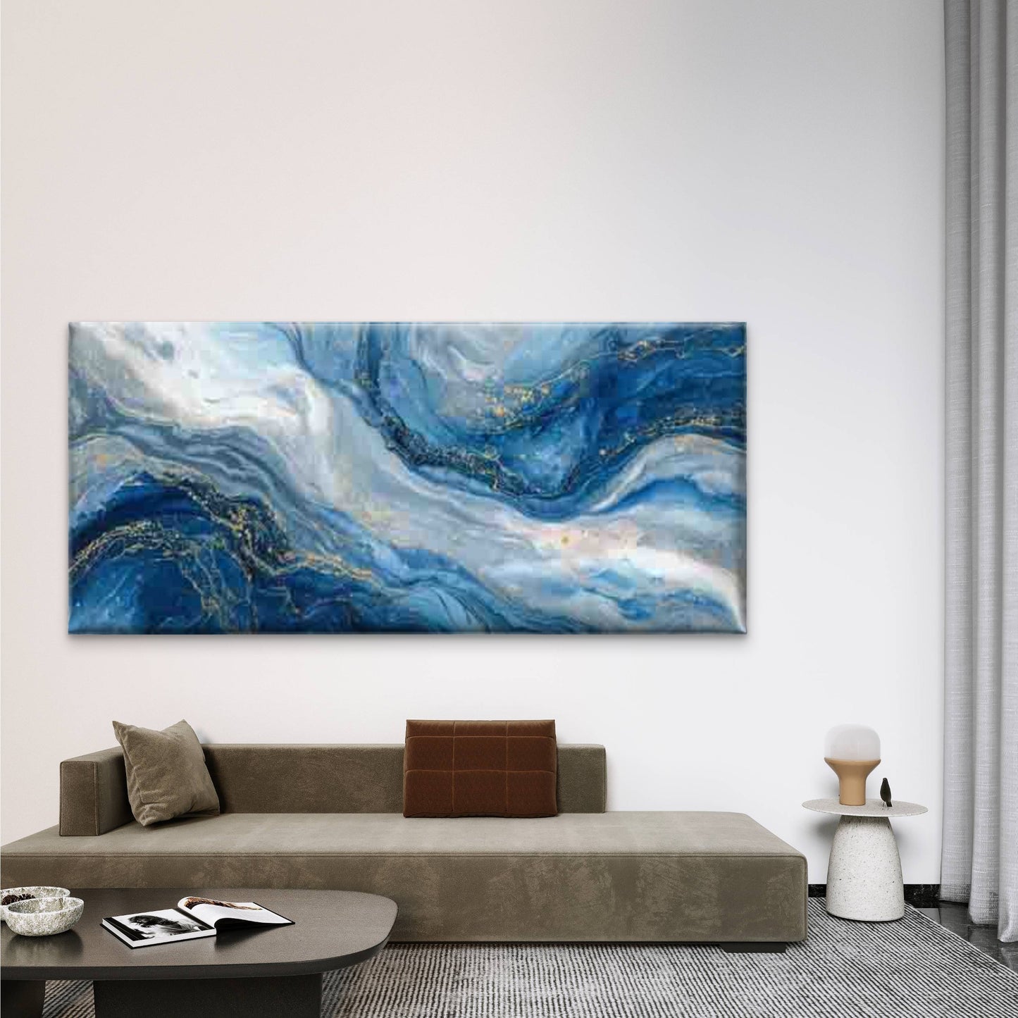 Swirls Blue & Golden Abstract Wall Art Canvas Office Home Room Framed 120x60cm