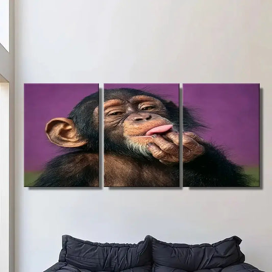 3pcs A Cute Little Chimpanzee Licking Its Hands Metal Print Ready to Hang Art
