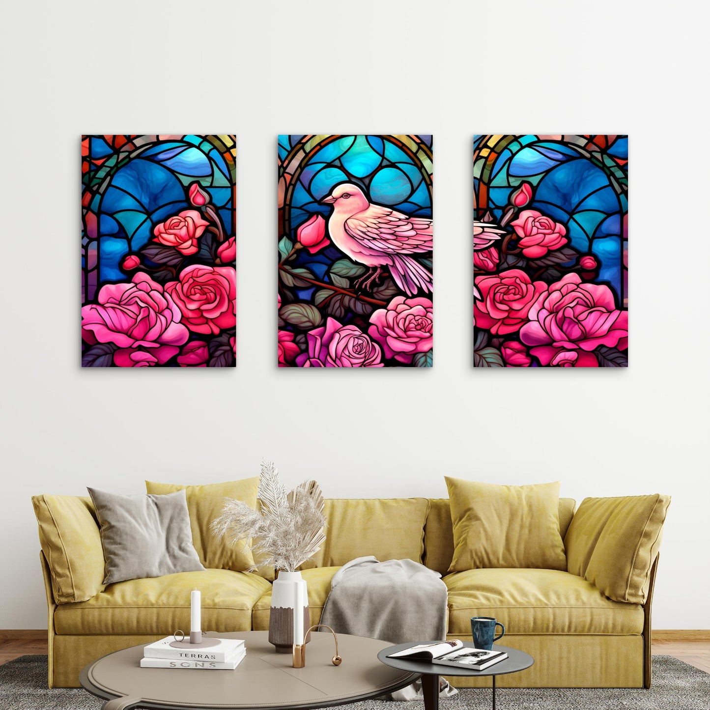3pcs Art Nouveau Stained Glass Pink Dove Rose Bush Metal Print Ready to Hang Art