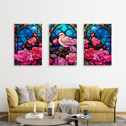 3pcs Art Nouveau Stained Glass Pink Dove Rose Bush Metal Print Ready to Hang Art