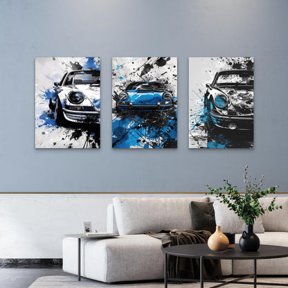 3pcs Blue And Black Sports Car Splatter Wall Art Set Canvas Framed 40x60cm - High Quality Print 100% Australian Made Wall Canvas Ready to Hang
