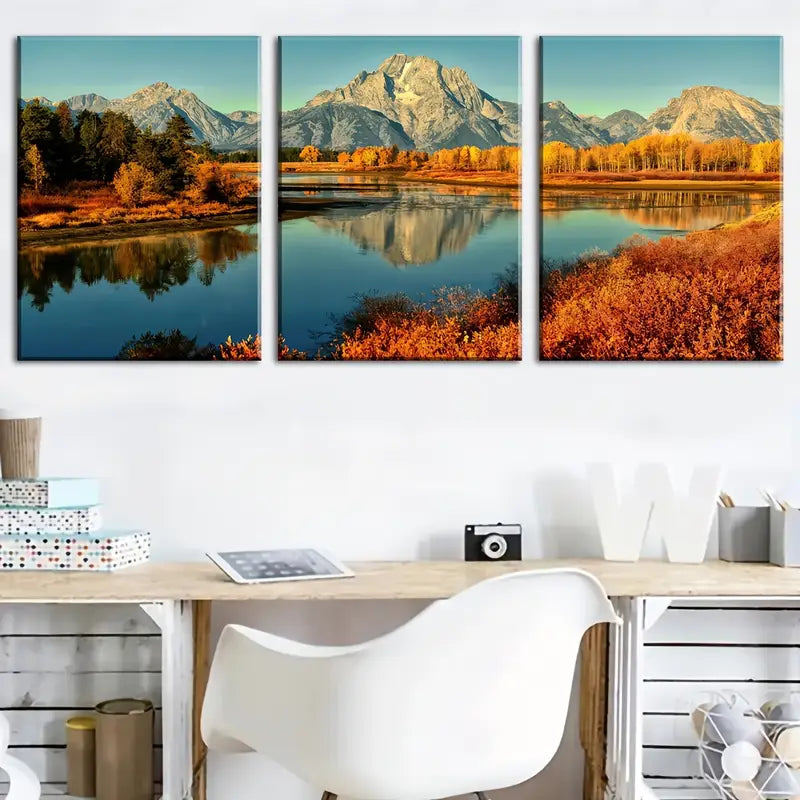 3pcs Golden Aspen Trees & Snow-Capped Mountains Metal Print Ready to Hang Art - Bella Home Decor