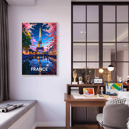 Paris France Eiffel Tower Cherry Blossom  Travel Poster Print Wall Art