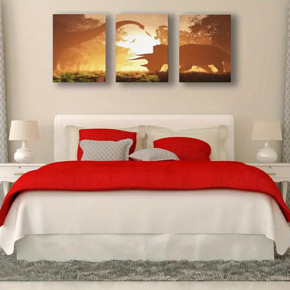 3pcs Dinosaurs In Prehistoric Jungle In The Sunset Metal Print Ready to Hang Art - Bella Home Decor