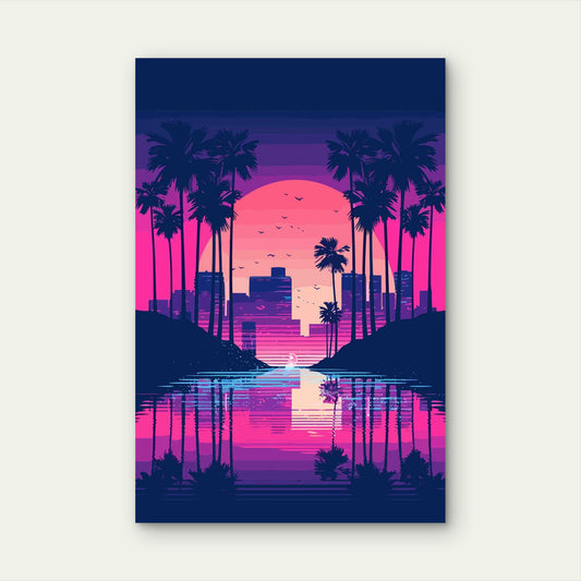 Neon Sunset Over the Synthwave City 40x60cm Metal Print Ready to Hang