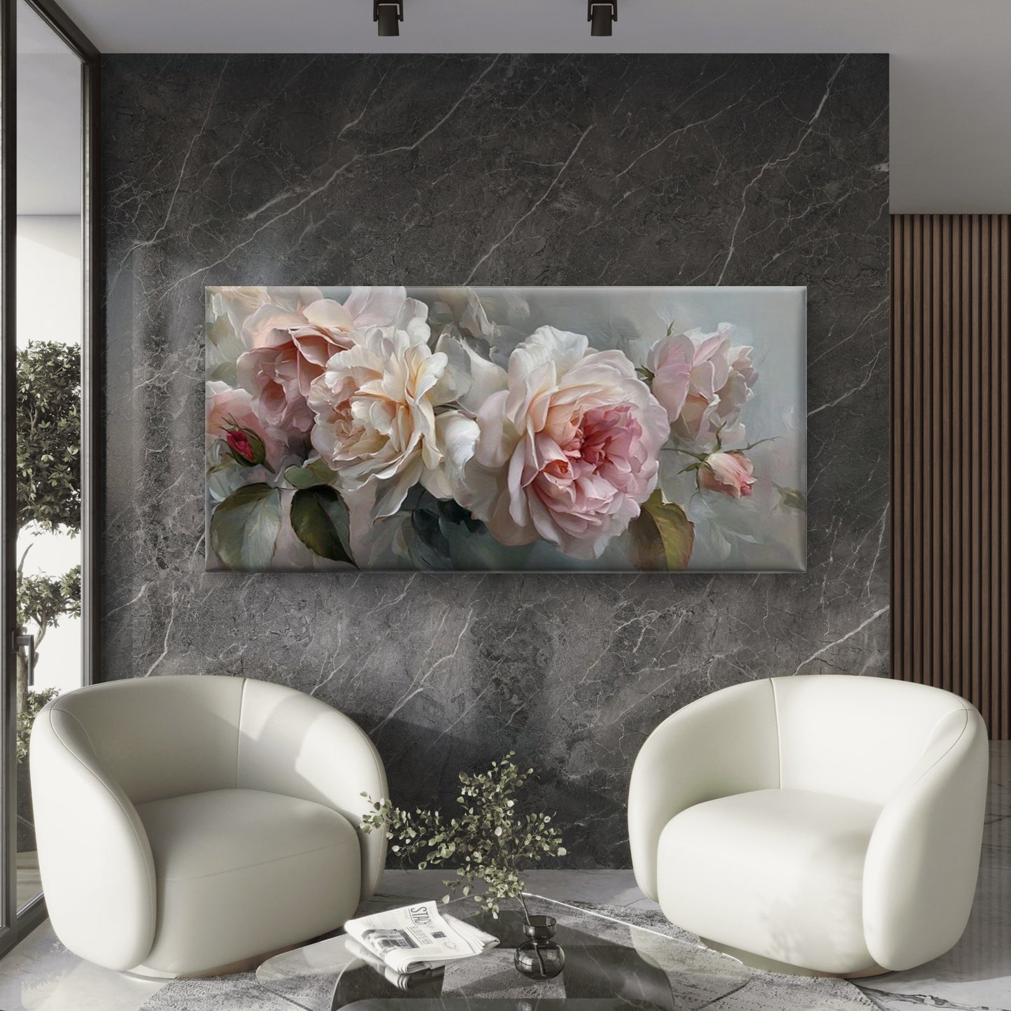 Pink Roses in Bloom Floral Wall Art Canvas Office Home Room Framed 120x60cm