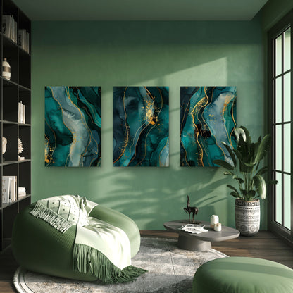 3pcs Abstract Emerald Gold Marble Painting  Wall Art Set Canvas Framed 40x60cm - High Quality Print 100% Australian Made Wall Canvas Ready to Hang