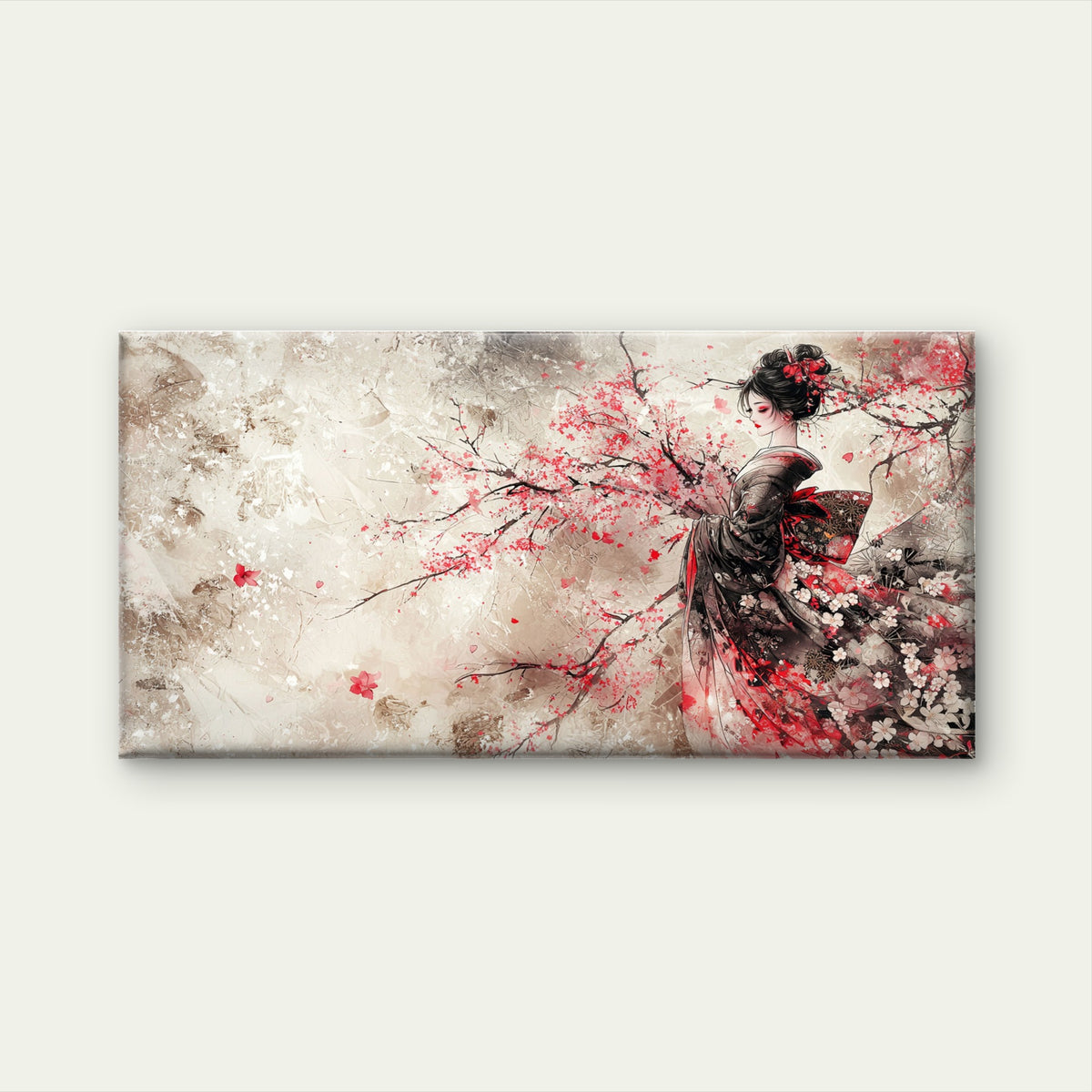 Cherry Blossom Geisha Art Wall Art Canvas Office Home Room Framed 120x60cm
