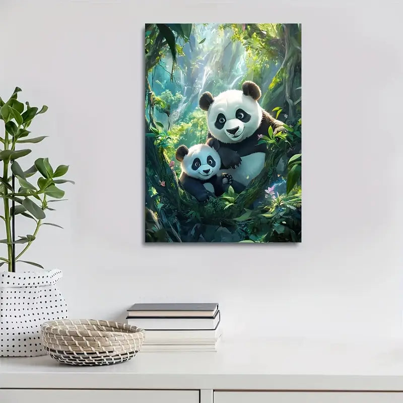 Cartoon Pandas in Magical Forest with Cinematic 40x60cm Metal Print Ready to Hang - Bella Home Decor