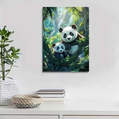 Cartoon Pandas in Magical Forest with Cinematic 40x60cm Metal Print Ready to Hang - Bella Home Decor