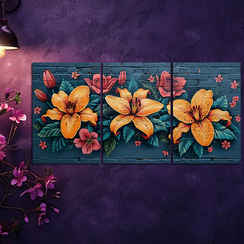 3pcs Vibrant Lilies and Roses Wall Art Set Canvas Framed 50x70cm - High Quality Print 100% Australian Made Wall Canvas Ready to Hang
