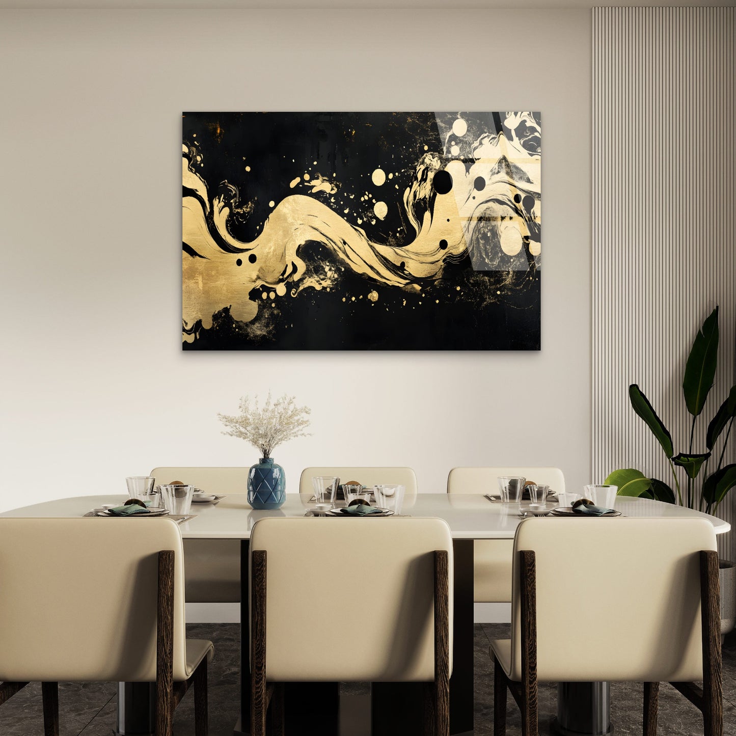 Abstract Black Gold Foil Fluid Wave Acrylic Glass Printing Wall Art Australian Made Quality