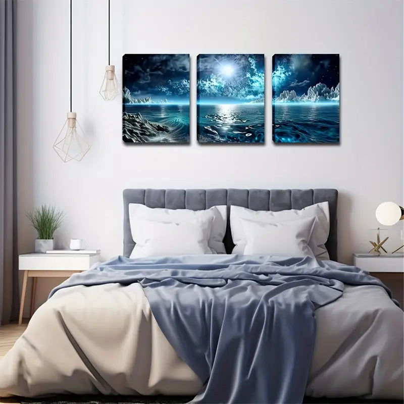 3pcs Moonlit Sea & Coastal Landscape, Metal Print Ready to Hang Art