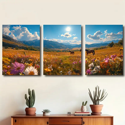 3pcs Plateau Wild Horses Landscape Scene Wall Art Set Canvas Framed 40x60cm - High Quality Print 100% Australian Made Wall Canvas Ready to Hang
