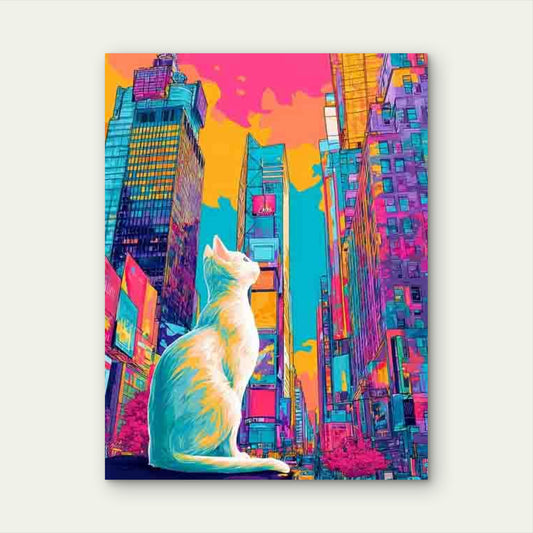 Vibrant Neon Cityscape with Fluffy White Cat Metal Print Ready to Hang