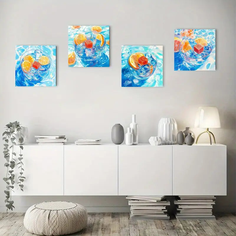 4pcs Chilled Lemon Drink Abstract Wall Art Canvas Framed