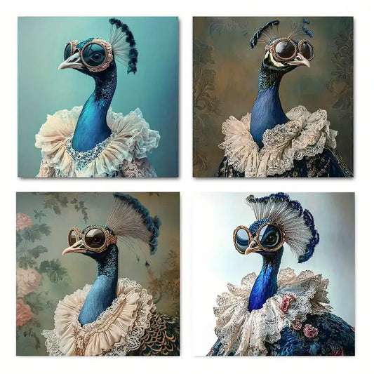 4pcs Lace & Feathered Peacock Wall Art Canvas Framed