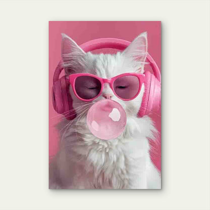 White Cat With Pink Headphones Metal Print Ready to Hang