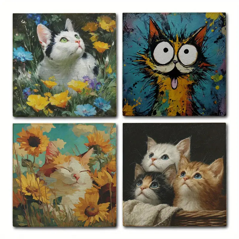 4pcs  Funny Cat Wall Art Canvas Framed - Bella Home Decor