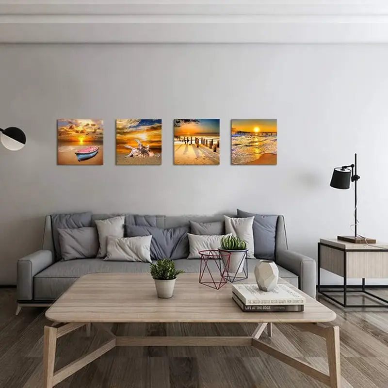 4pcs Holiday Art Ocean Sunset  Art Canvas Framed - Bella Home Decor