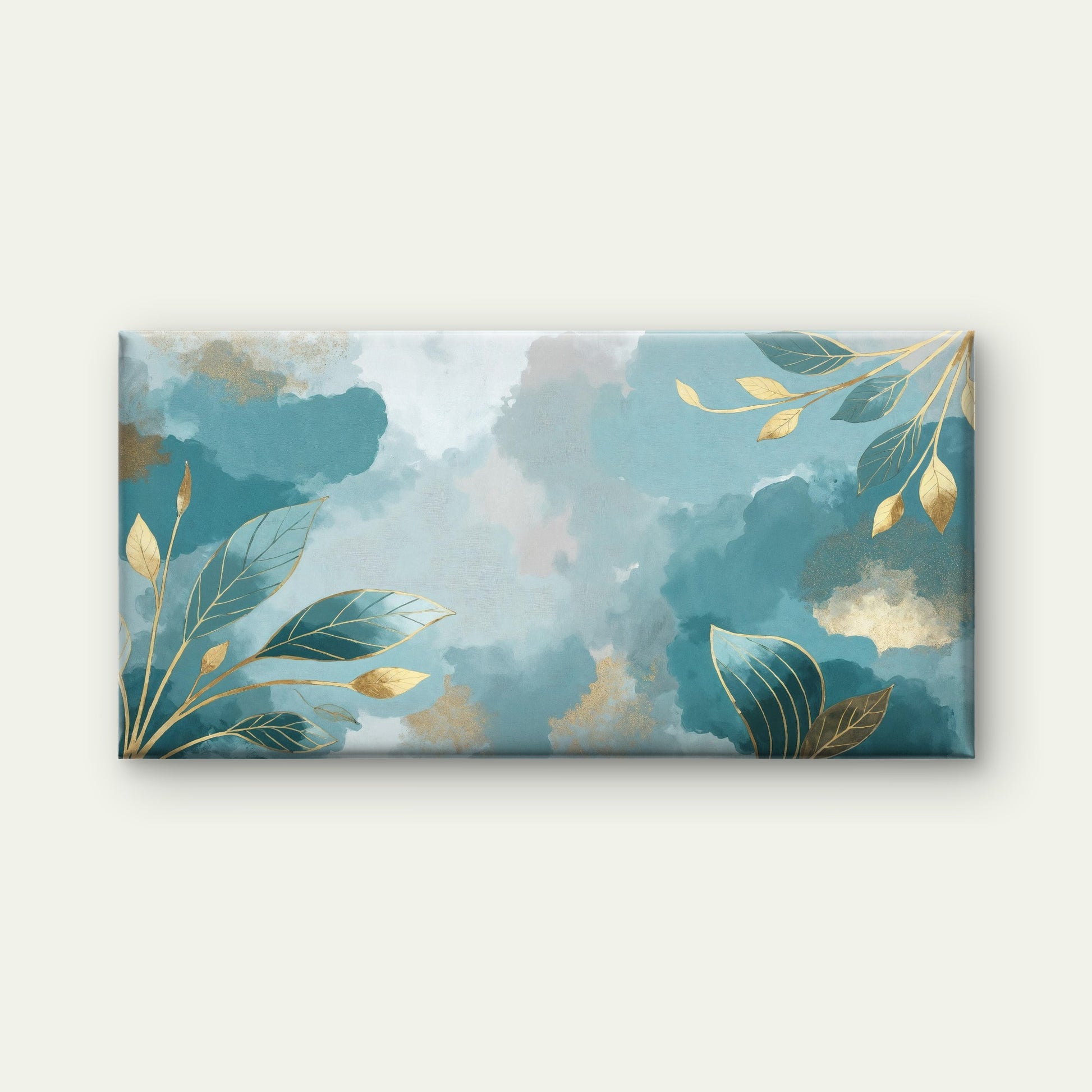 Turquoise Tides Gilded Foliage Wall Art Canvas Office Home Room Framed 120x60cm - Bella Home Decor