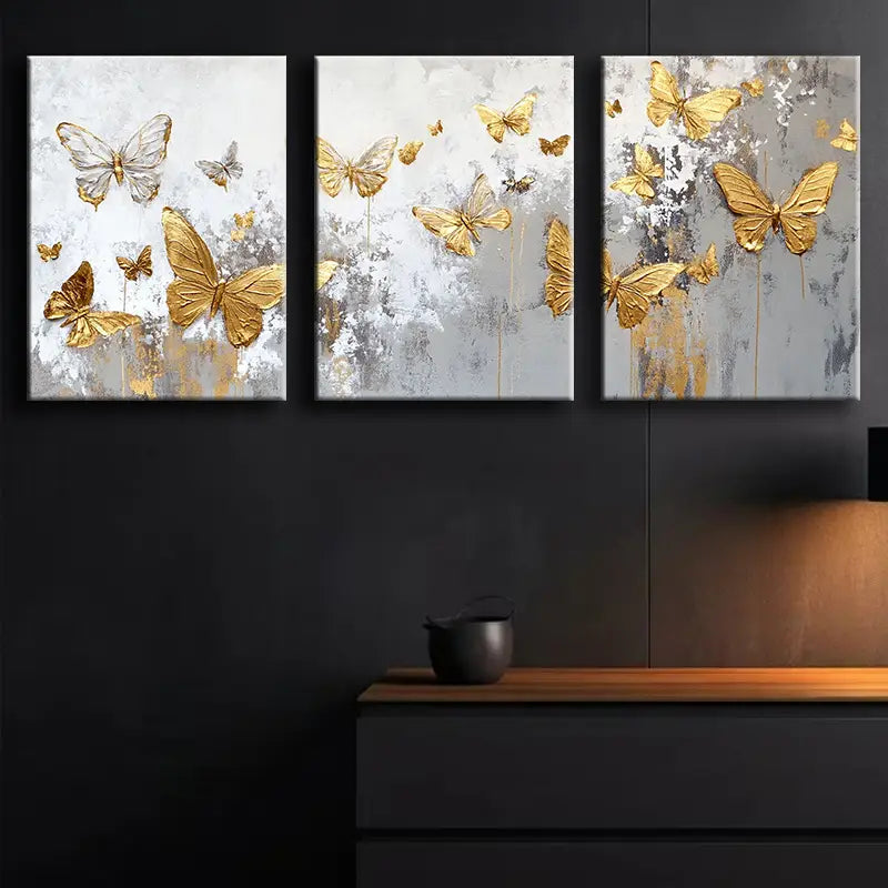 3pcs Golden Butterflies Metal Print Ready to Hang Art - Bella Home Decor