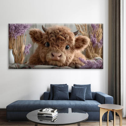 Cute Highland Cow with Purple Floral Wall Art Canvas Office Home Room Framed 120x60cm