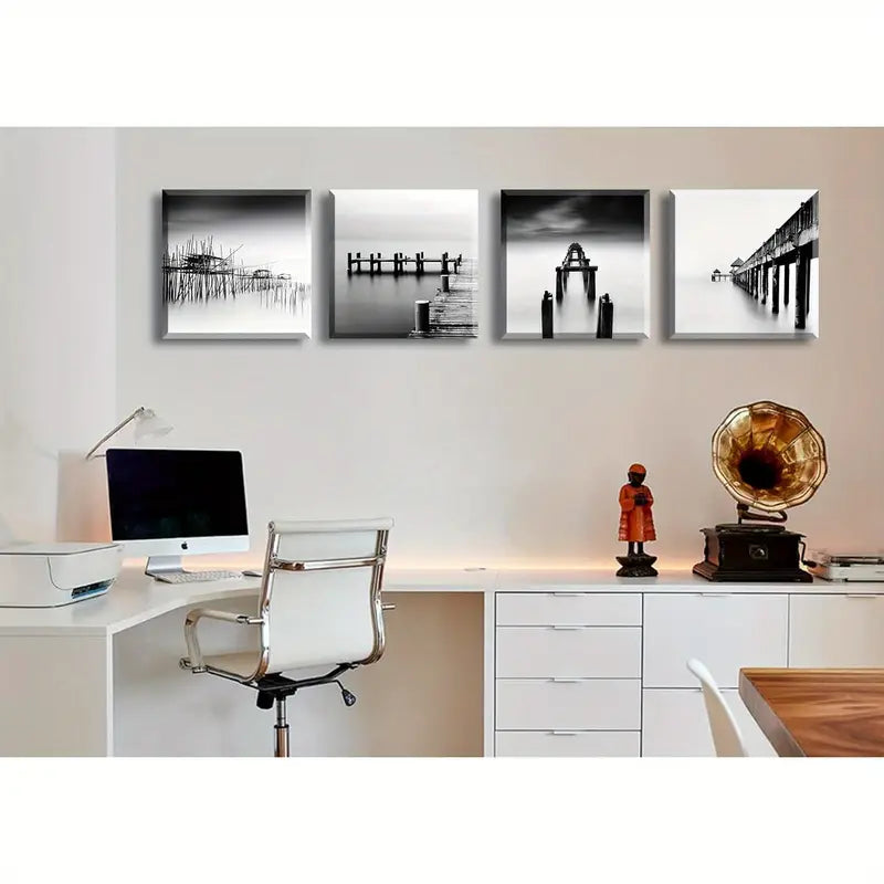 4pcs  Black and White Coastal Beach Wall Art Canvas Framed - Bella Home Decor