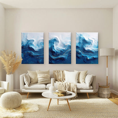 3pcs Blue Ocean Wave Fluid Painting Abstract Navy Wall Art Set Canvas Framed 60x90cm - High Quality Print 100% Australian Made Wall Canvas Ready to Hang