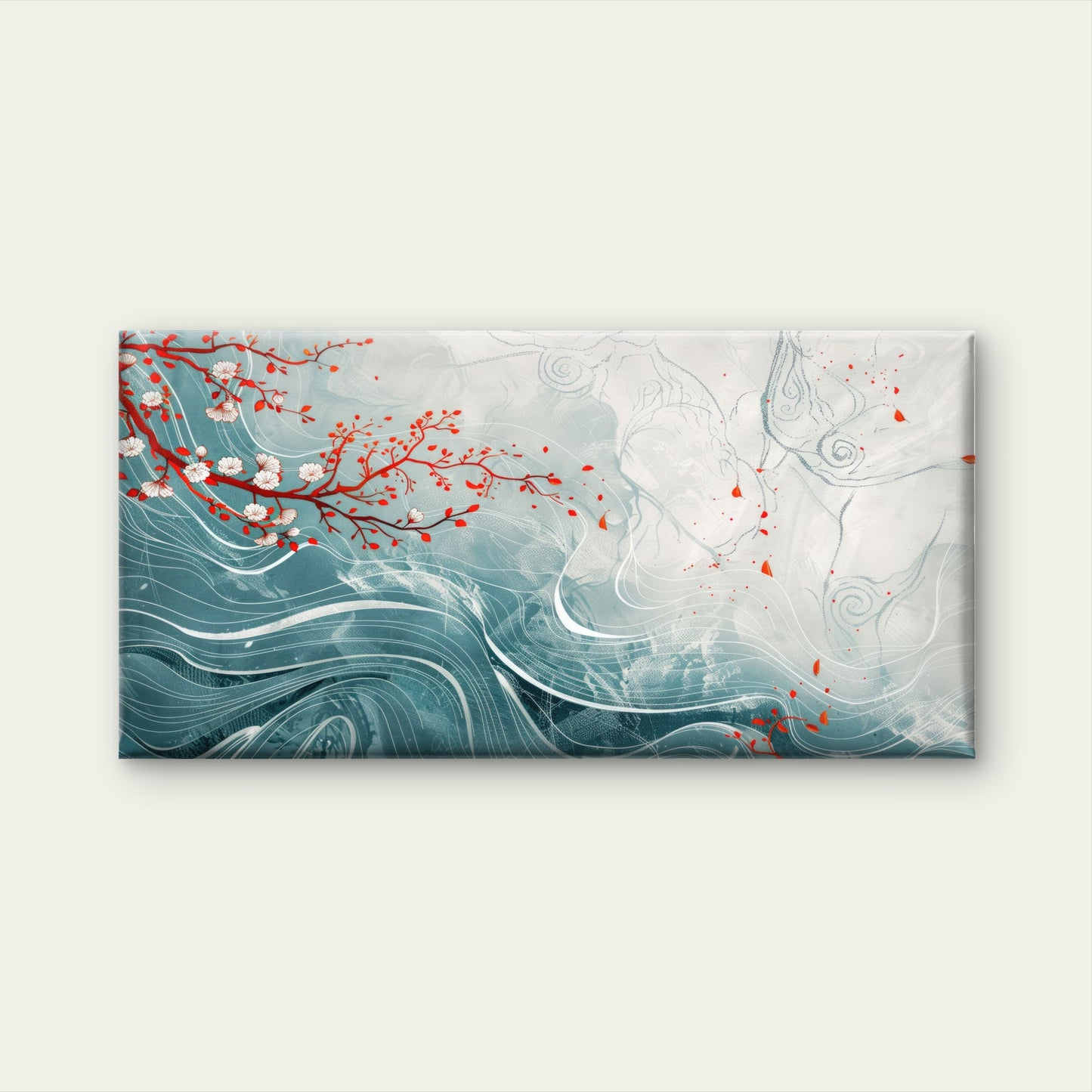 Ocean Waves Cherry Blossoms Wall Art Canvas Office Home Room Framed 120x60cm