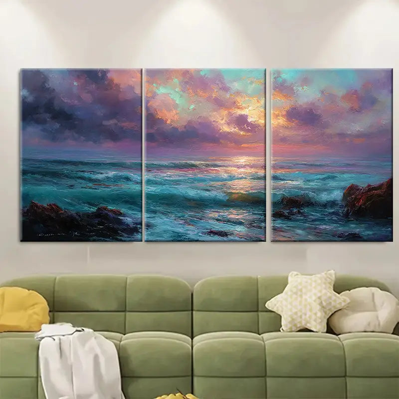 3pcs Cloud Seascape Oil Panoramic Sunset Coastal Wall Art Set Canvas Framed 50x70cm - High Quality Print 100% Australian Made Wall Canvas Ready to Hang - Bella Home Decor