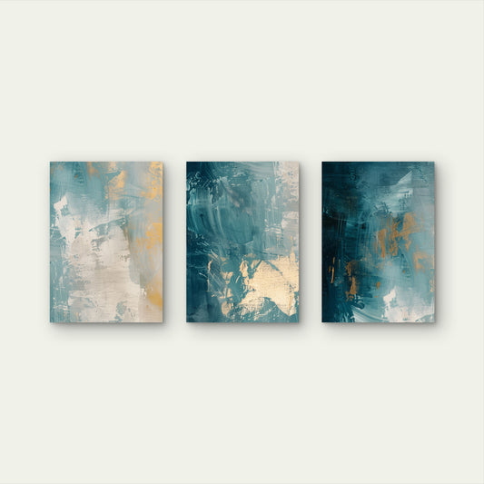 3pcs Navy Teal Gold Abstract Foil Painting Wall Art Set Canvas Framed 60x90cm - High Quality Print 100% Australian Made Wall Canvas Ready to Hang
