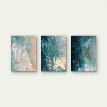 3pcs Navy Teal Gold Abstract Foil Painting Wall Art Set Canvas Framed 50x70cm - High Quality Print 100% Australian Made Wall Canvas Ready to Hang