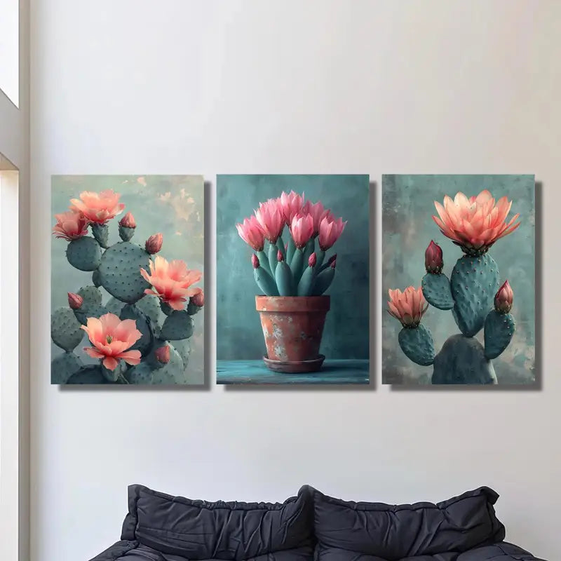 3pcs Vibrant Pink & Green Botanical Metal Print Ready to Hang Art