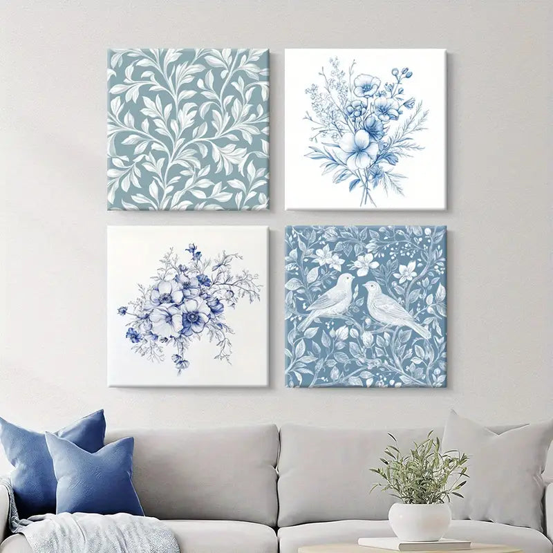 4pcs Monochromatic Blue Art Prints, Birds   Wall Art Canvas Framed