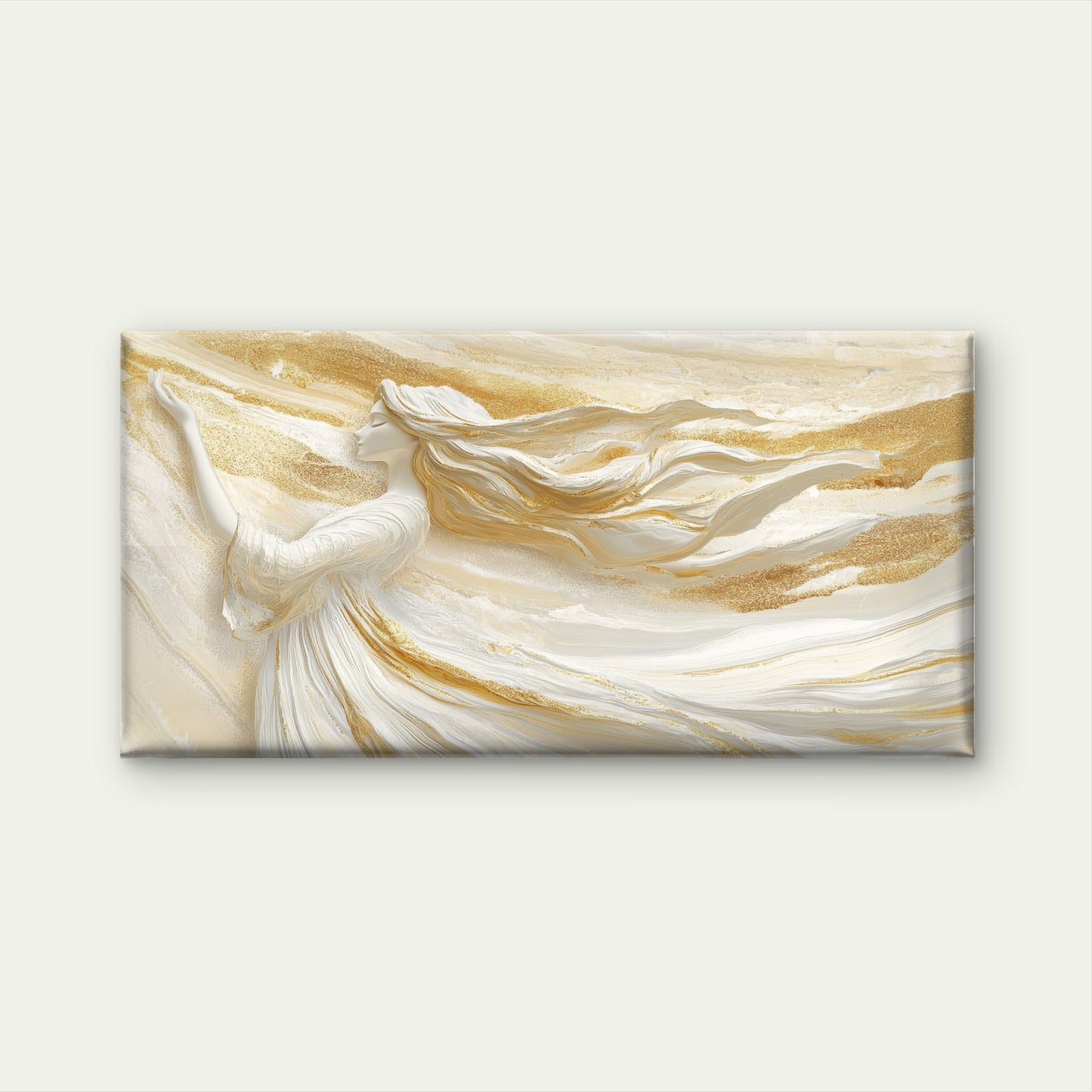 White Gold Angel Woman Relief Wall Art Canvas Office Home Room Framed 120x60cm